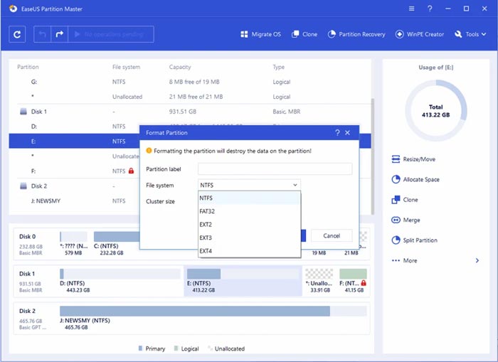 EaseUS Partition Master tampilan UI dan proses kerjannya