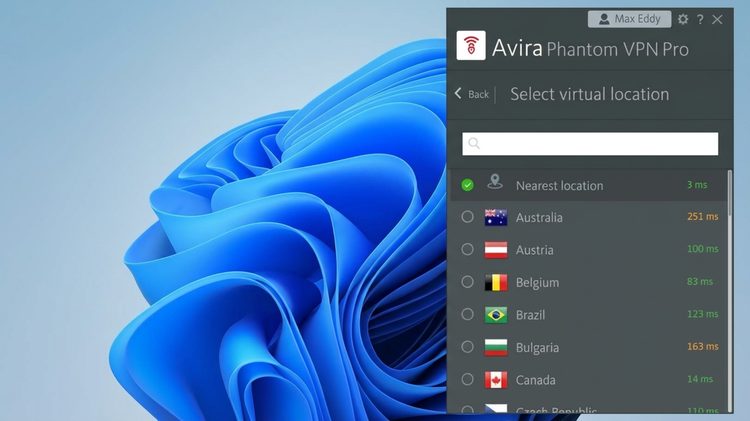 Avira Phantom VPN Pro Full Version tampilan user interface dengan daftar koneksi server VPN