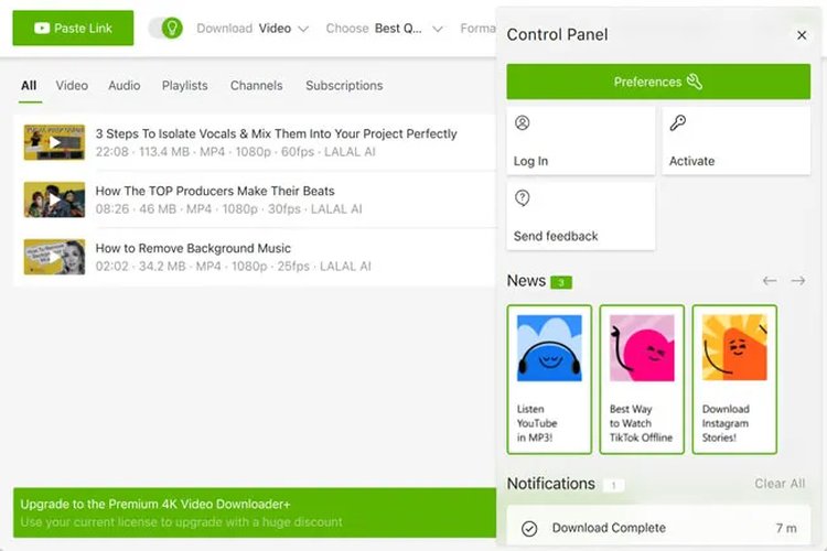 4K Video Downloader Plus manager interface